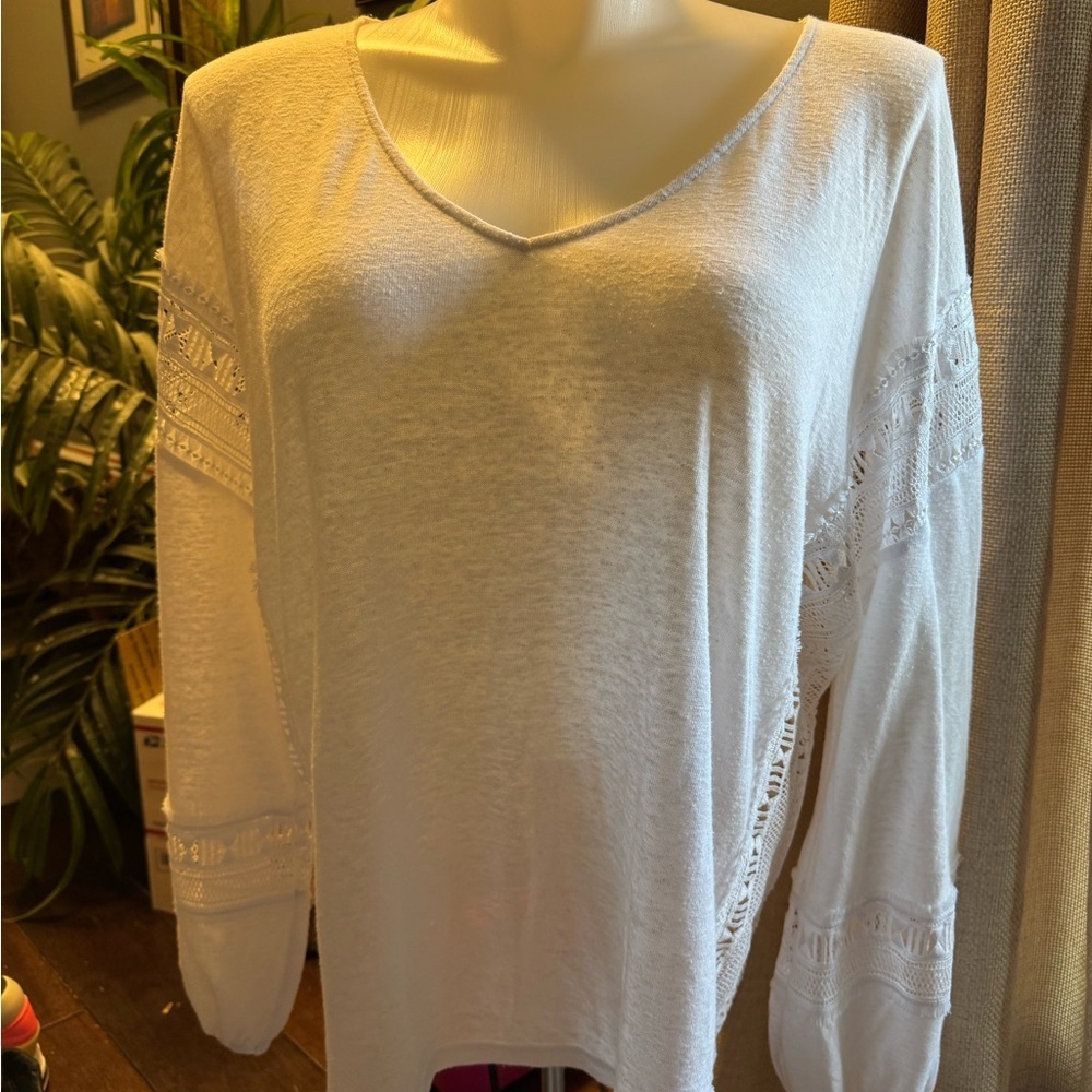 INC International Concepts white Tan Asymmetrical Long Sleeve Blouse